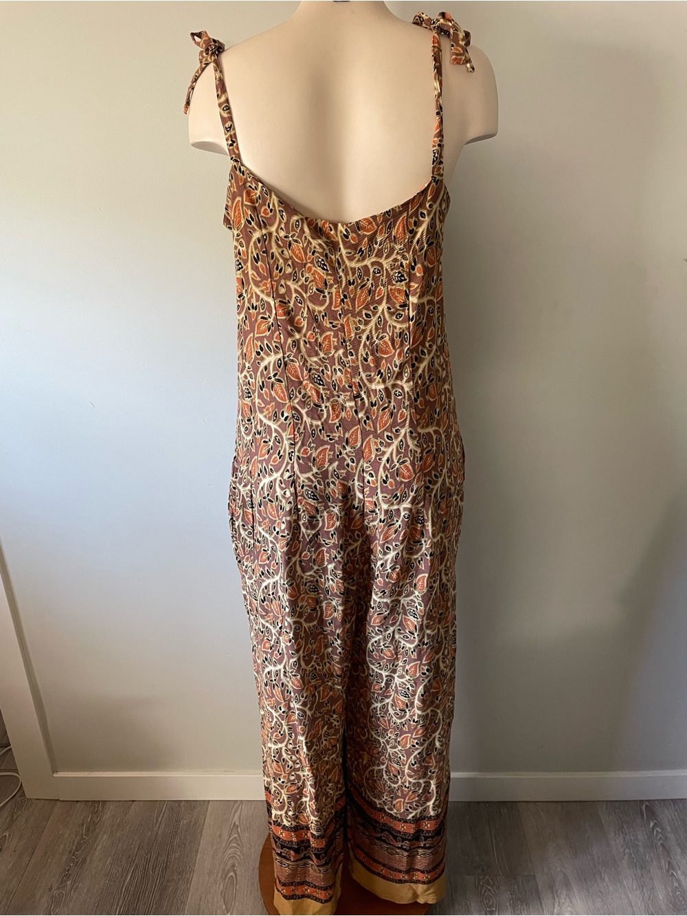 90s Vintage Boho Wide Leg One Piece Jumpsuit Earthy Hippie Tie Strap Festival - Picture 2 of 8